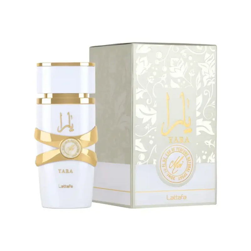 Frasco do perfume Yara Moi da Lattafa, fragrância envolvente com pêssego, jasmim e caramelo.